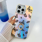 For iPhone 16 Pro Electroplating Laser Butterfly Ring Holder Phone Case(Pink Butterflies AB2)
