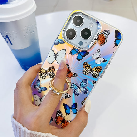 For iPhone 16 Pro Electroplating Laser Butterfly Ring Holder Phone Case(Pink Butterflies AB2)