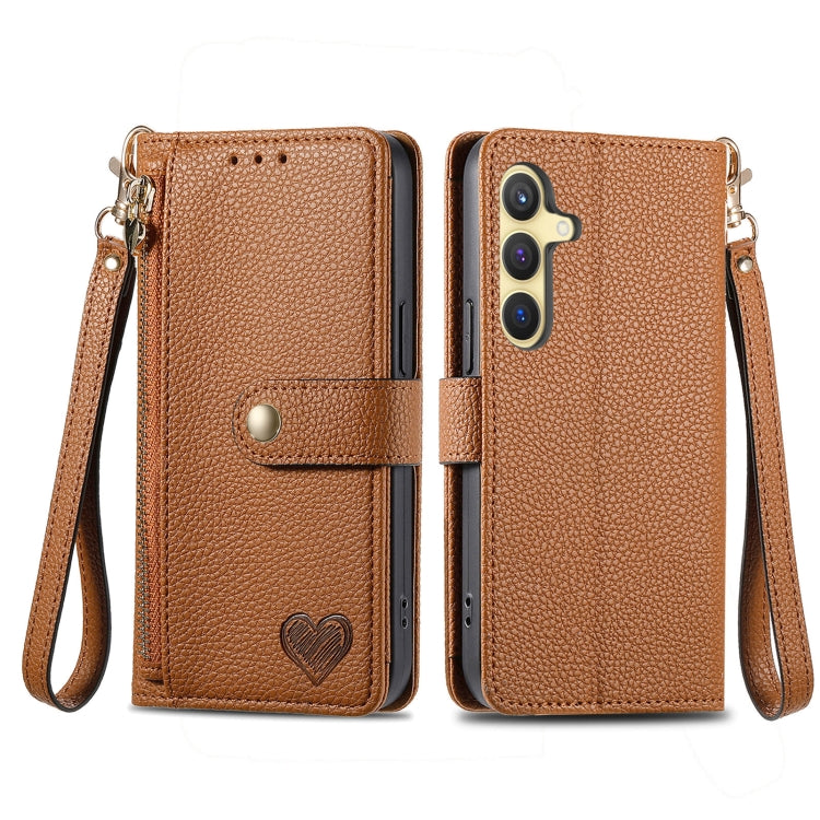 For Samsung Galaxy S25 5G Love Zipper Lanyard Leather Phone Case(Brown)