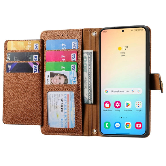 For Samsung Galaxy S25 5G Love Zipper Lanyard Leather Phone Case(Brown)
