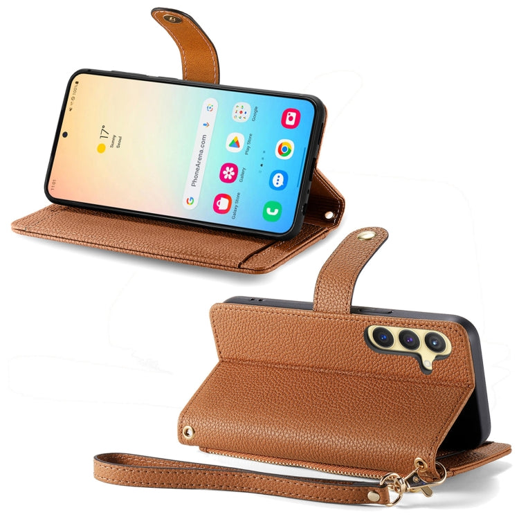 For Samsung Galaxy S25 5G Love Zipper Lanyard Leather Phone Case(Brown)