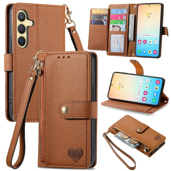 For Samsung Galaxy S25 5G Love Zipper Lanyard Leather Phone Case(Brown)