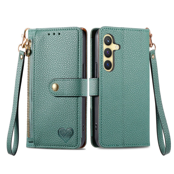 For Samsung Galaxy S25 5G Love Zipper Lanyard Leather Phone Case(Green)