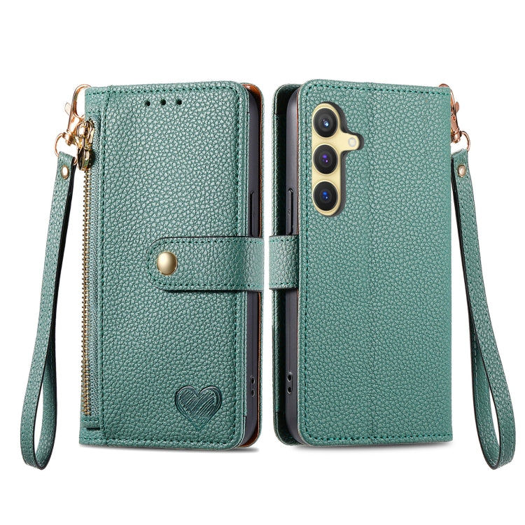 For Samsung Galaxy S25 5G Love Zipper Lanyard Leather Phone Case(Green)