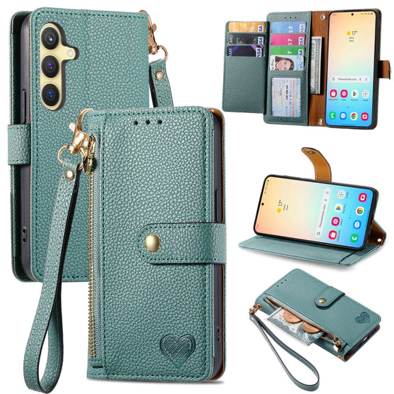 For Samsung Galaxy S25 5G Love Zipper Lanyard Leather Phone Case(Green)