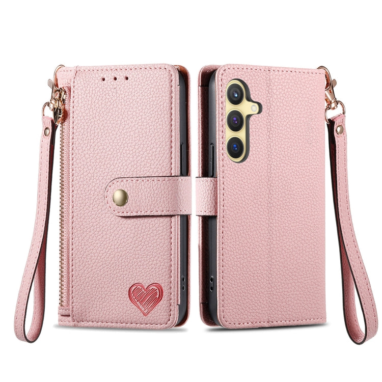 For Samsung Galaxy S25 5G Love Zipper Lanyard Leather Phone Case(Pink)