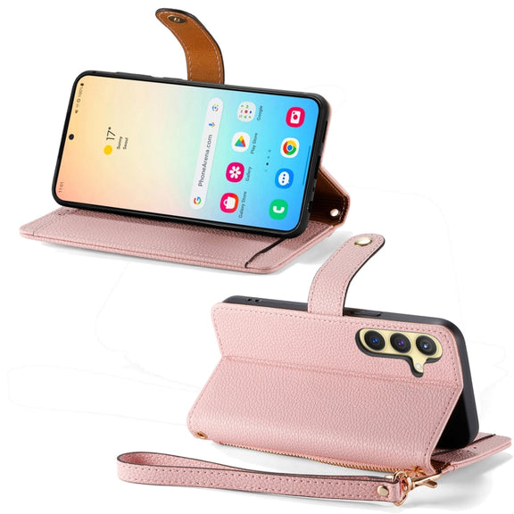 For Samsung Galaxy S25 5G Love Zipper Lanyard Leather Phone Case(Pink)