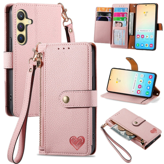 For Samsung Galaxy S25 5G Love Zipper Lanyard Leather Phone Case(Pink)