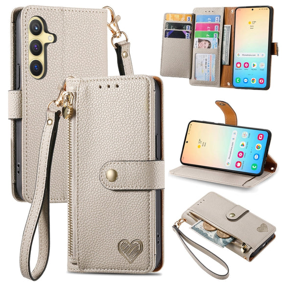 For Samsung Galaxy S25+ 5G Love Zipper Lanyard Leather Phone Case(Gray)