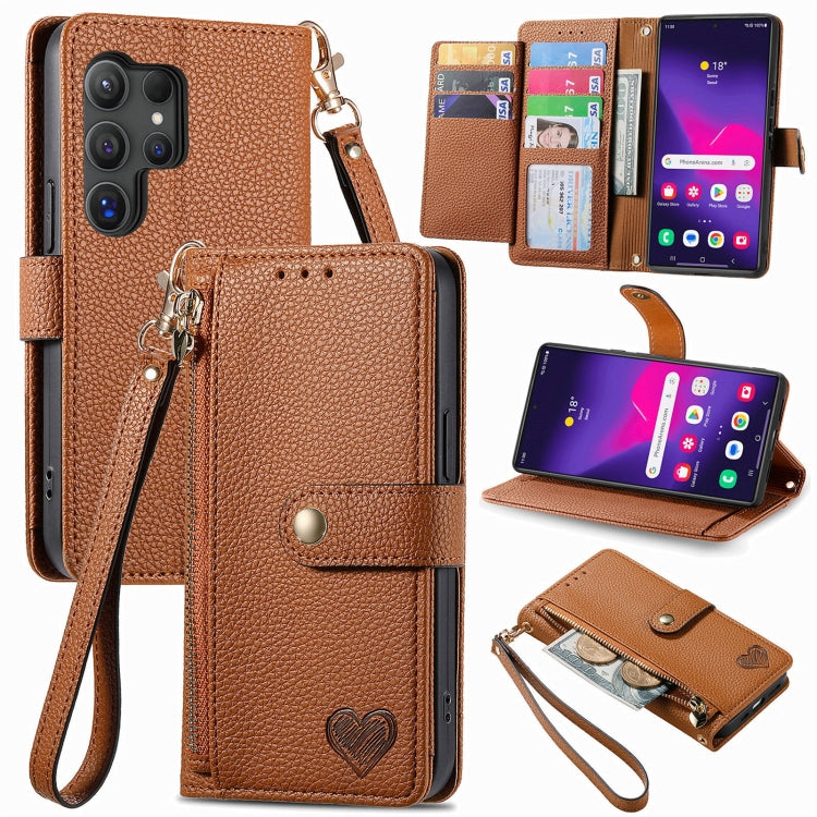 For Samsung Galaxy S25 Ultra 5G Love Zipper Lanyard Leather Phone Case(Brown) - Galaxy S25 Ultra 5G Cases by PMC TechLife | Online Shopping South Africa | PMC TechLife | Buy Now Pay Later Mobicred