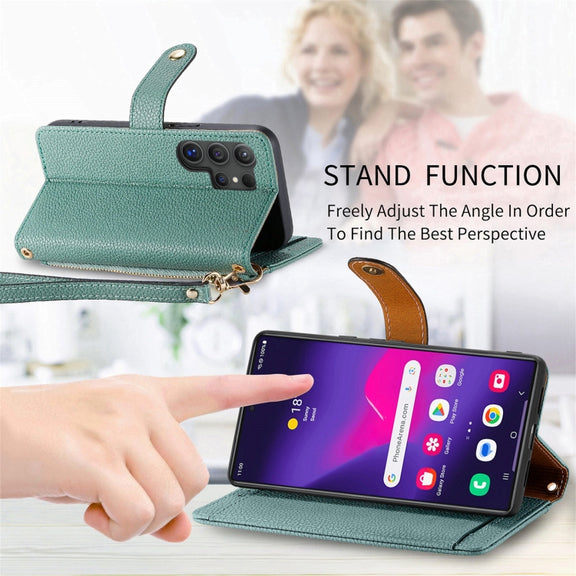 For Samsung Galaxy S25 Ultra 5G Love Zipper Lanyard Leather Phone Case(Green)