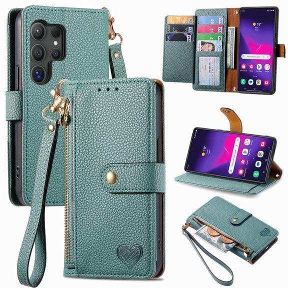 For Samsung Galaxy S25 Ultra 5G Love Zipper Lanyard Leather Phone Case(Green)