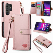 For Samsung Galaxy S25 Ultra 5G Love Zipper Lanyard Leather Phone Case(Pink)