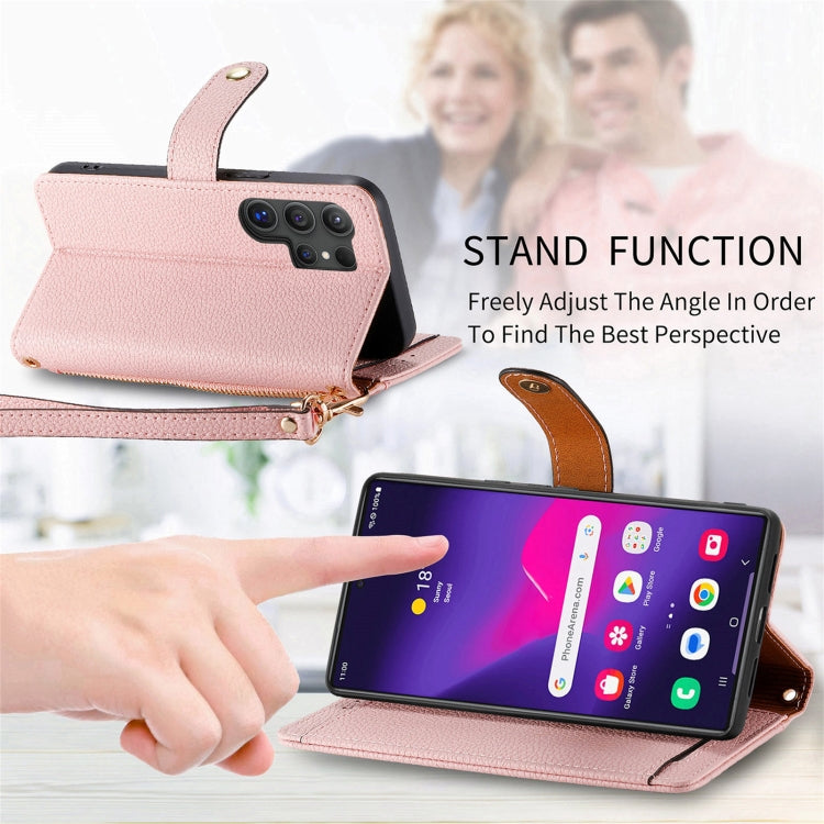 For Samsung Galaxy S25 Ultra 5G Love Zipper Lanyard Leather Phone Case(Pink)