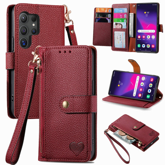 For Samsung Galaxy S25 Ultra 5G Love Zipper Lanyard Leather Phone Case(Red)