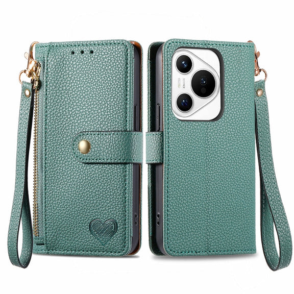 For Huawei Pura 70 Love Zipper Lanyard Leather Phone Case(Green)