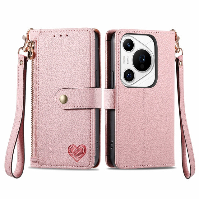 For Huawei Pura 70 Pro+ Love Zipper Lanyard Leather Phone Case(Pink)