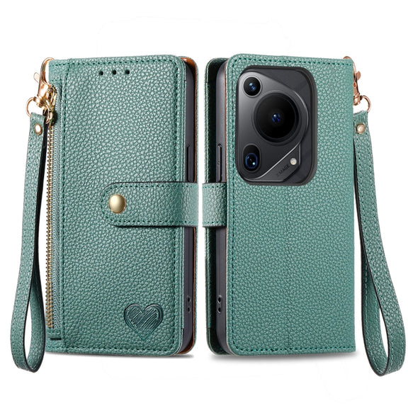 For Huawei Pura 70 Ultra Love Zipper Lanyard Leather Phone Case(Green)