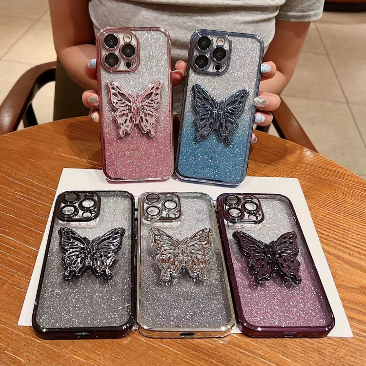 For iPhone 16 Pro Electroplated Gradient Glitter 3D Butterfly TPU Phone Case(Gradient Black)
