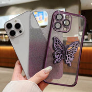 For iPhone 16 Pro Electroplated Gradient Glitter 3D Butterfly TPU Phone Case(Gradient Black)
