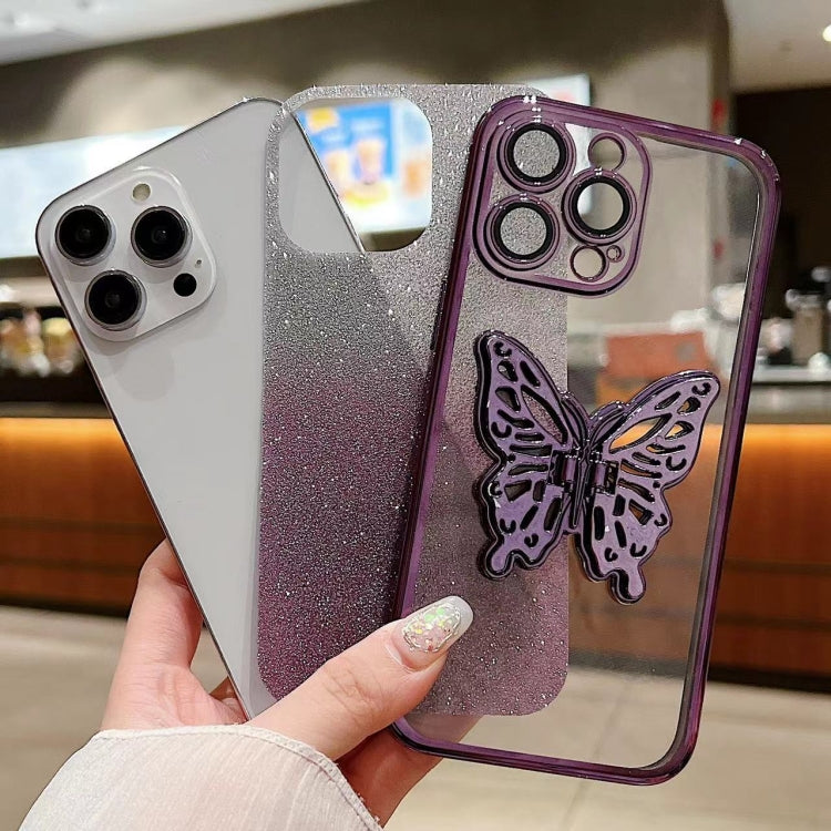 For iPhone 16 Pro Electroplated Gradient Glitter 3D Butterfly TPU Phone Case(Gradient Black)