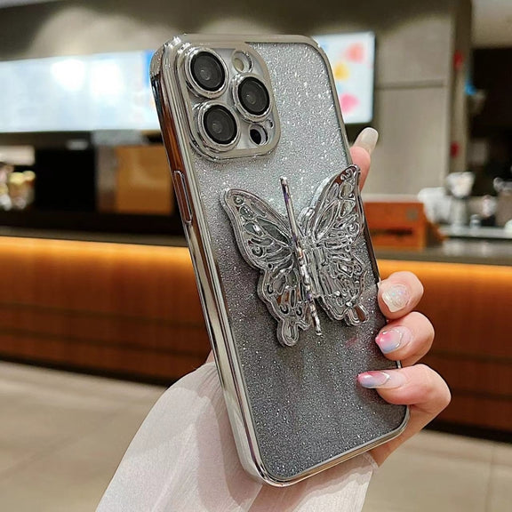 For iPhone 16 Pro Max Electroplated Gradient Glitter 3D Butterfly TPU Phone Case(Gradient Pink)