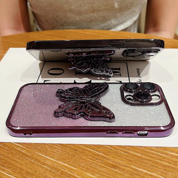 For iPhone 16 Pro Electroplated Gradient Glitter 3D Butterfly TPU Phone Case(Gradient Black)