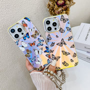 For iPhone 16 Pro Electroplating Laser Butterfly Phone Case with Wrist Strap(Purple Butterflies AB3)