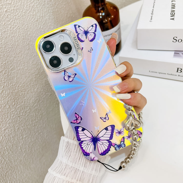For iPhone 16 Pro Electroplating Laser Butterfly Phone Case with Wrist Strap(Purple Butterflies AB3) - iPhone 16 Pro Cases by PMC TechLife | Online Shopping South Africa | PMC TechLife | Buy Now Pay Later Mobicred