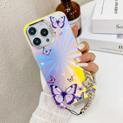 For iPhone 16 Pro Electroplating Laser Butterfly Phone Case with Wrist Strap(Purple Butterflies AB3)