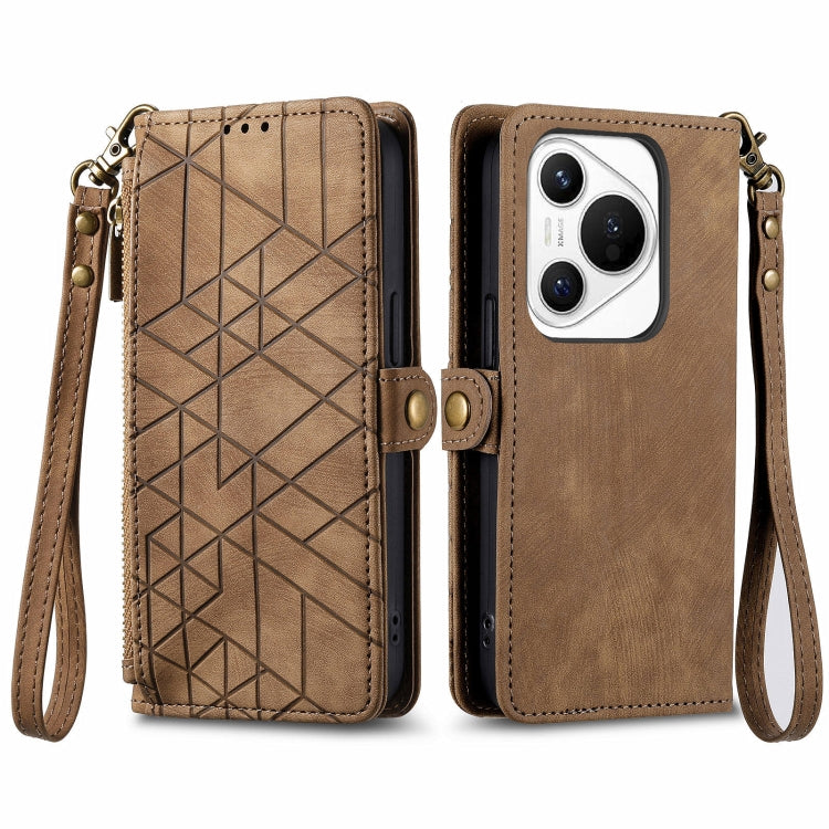 For Huawei Pura 70 Geometric Zipper Wallet Side Buckle Leather Phone Case(Brown) - free shipping - PMC Jewellery - Order now!