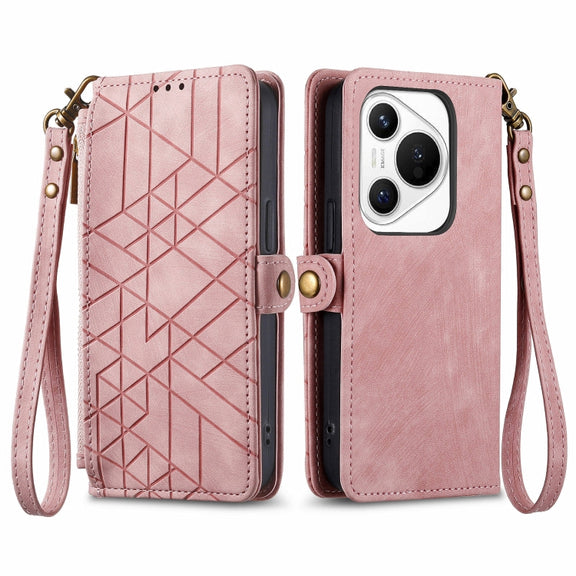 For Huawei Pura 70 Geometric Zipper Wallet Side Buckle Leather Phone Case(Pink)