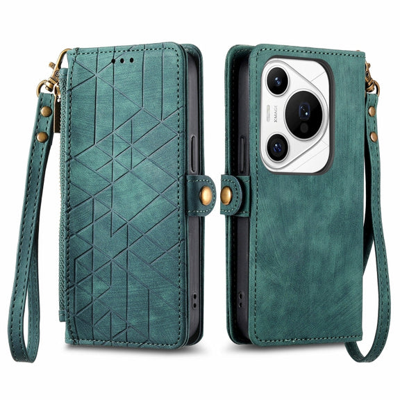 For Huawei Pura 70 Pro Geometric Zipper Wallet Side Buckle Leather Phone Case(Green)