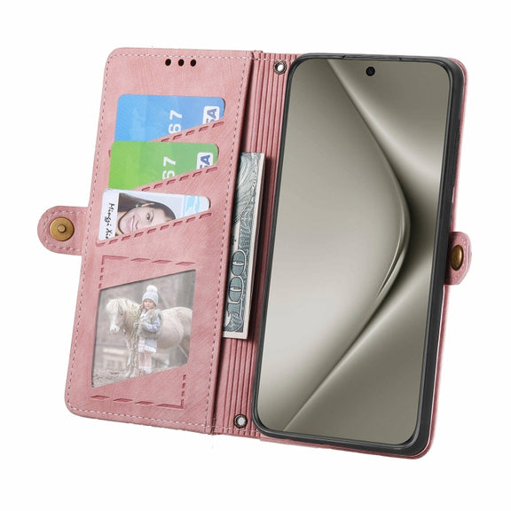 For Huawei Pura 70 Pro Geometric Zipper Wallet Side Buckle Leather Phone Case(Pink)