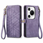 For Huawei Pura 70 Pro Geometric Zipper Wallet Side Buckle Leather Phone Case(Purple)