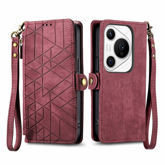 For Huawei Pura 70 Pro Geometric Zipper Wallet Side Buckle Leather Phone Case(Red)