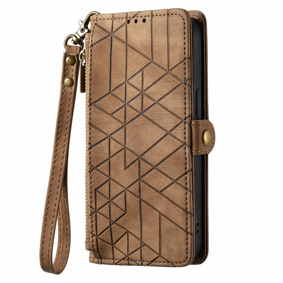 For Huawei Pura 70 Pro+ Geometric Zipper Wallet Side Buckle Leather Phone Case(Brown)
