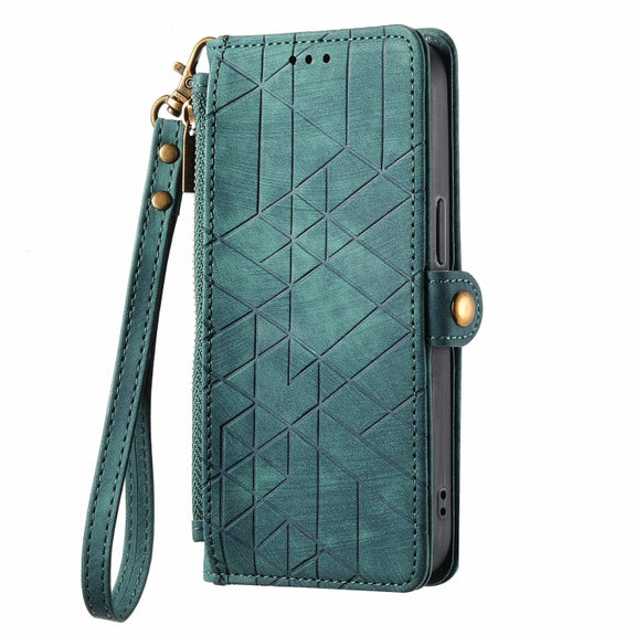 For Huawei Pura 70 Pro+ Geometric Zipper Wallet Side Buckle Leather Phone Case(Green)