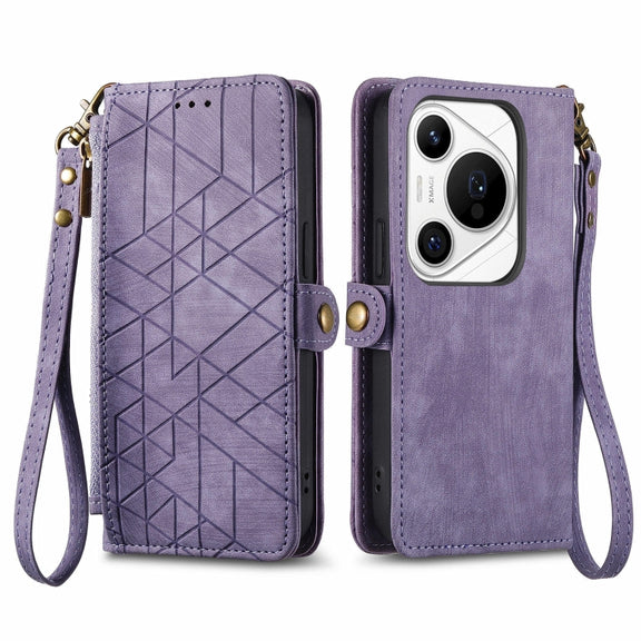 For Huawei Pura 70 Pro+ Geometric Zipper Wallet Side Buckle Leather Phone Case(Purple)