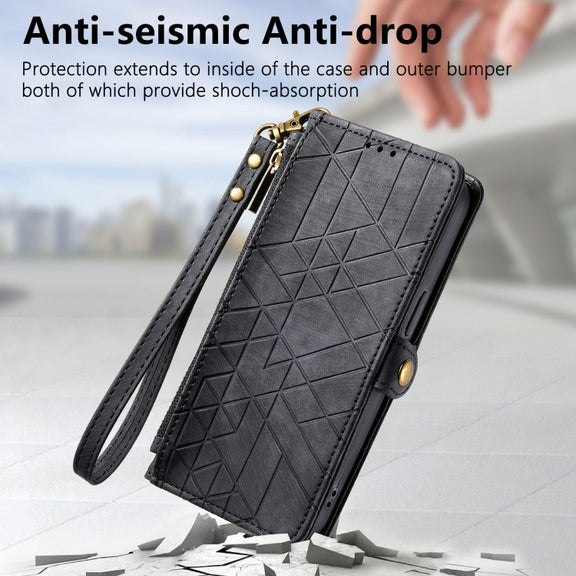 For Huawei Pura 70 Ultra Geometric Zipper Wallet Side Buckle Leather Phone Case(Black)