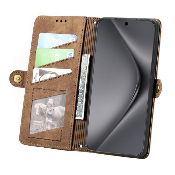 For Huawei Pura 70 Ultra Geometric Zipper Wallet Side Buckle Leather Phone Case(Brown)