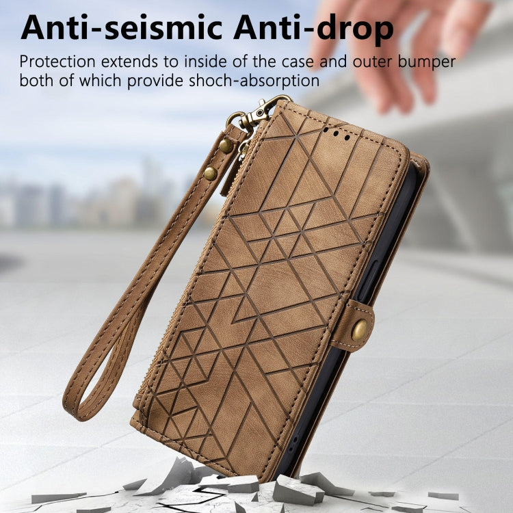 For Huawei Pura 70 Ultra Geometric Zipper Wallet Side Buckle Leather Phone Case(Brown)