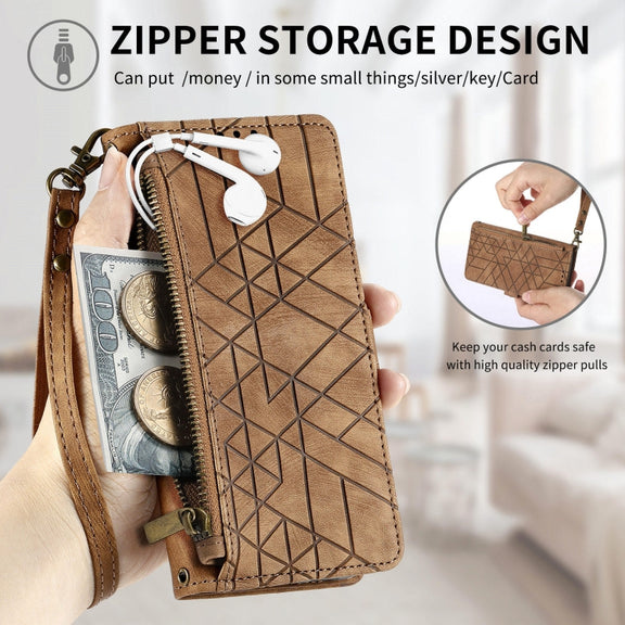 For Huawei Pura 70 Ultra Geometric Zipper Wallet Side Buckle Leather Phone Case(Brown)