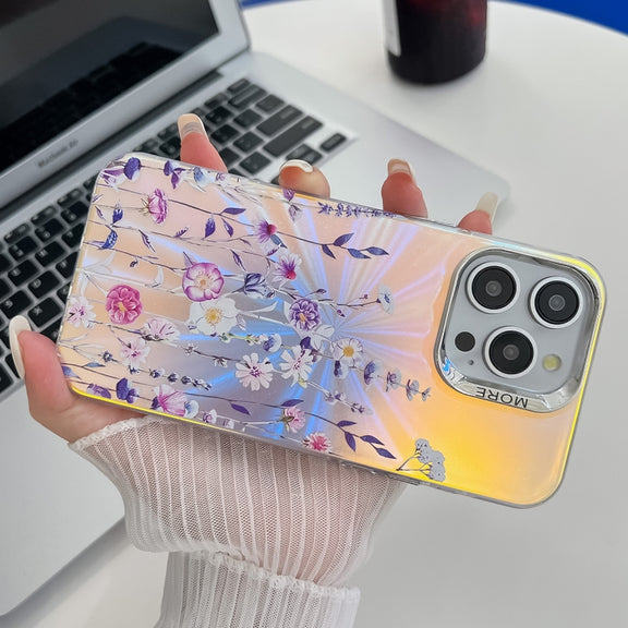 For iPhone 16 Electroplating Laser Flower Texture TPU Phone Case(Myosotis AH2)