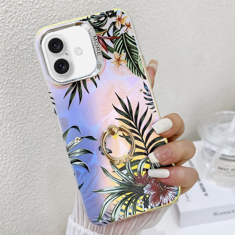 For iPhone 16 Electroplating Laser Flower Ring Holder TPU Phone Case(Leaves AH12) - iPhone 16 Cases by PMC TechLife | Online Shopping South Africa | PMC TechLife | Buy Now Pay Later Mobicred