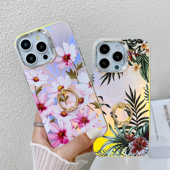 For iPhone 16 Pro Max Electroplating Laser Flower Ring Holder TPU Phone Case(Chrysanthemum AH5)