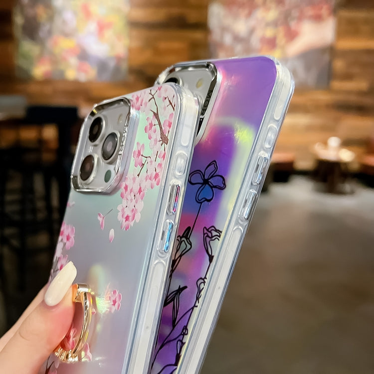 For iPhone 16 Pro Electroplating Laser Flower Ring Holder TPU Phone Case(Pear Blossom AH17)