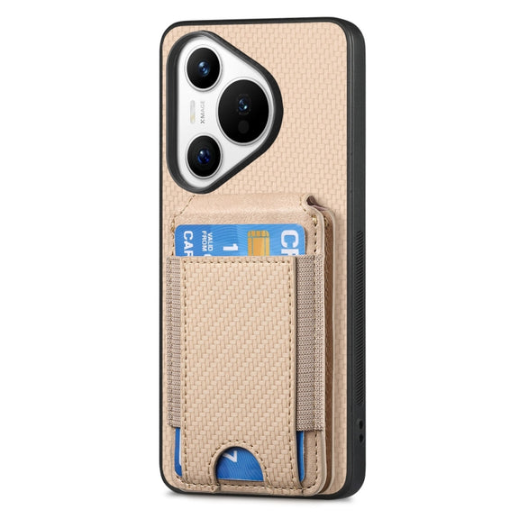 For Huawei Pura 70 Pro Carbon Fiber Vertical Flip Wallet Stand Phone Case(Khaki)