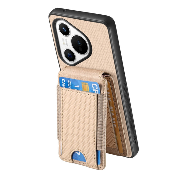 For Huawei Pura 70 Pro+ Carbon Fiber Vertical Flip Wallet Stand Phone Case(Khaki)