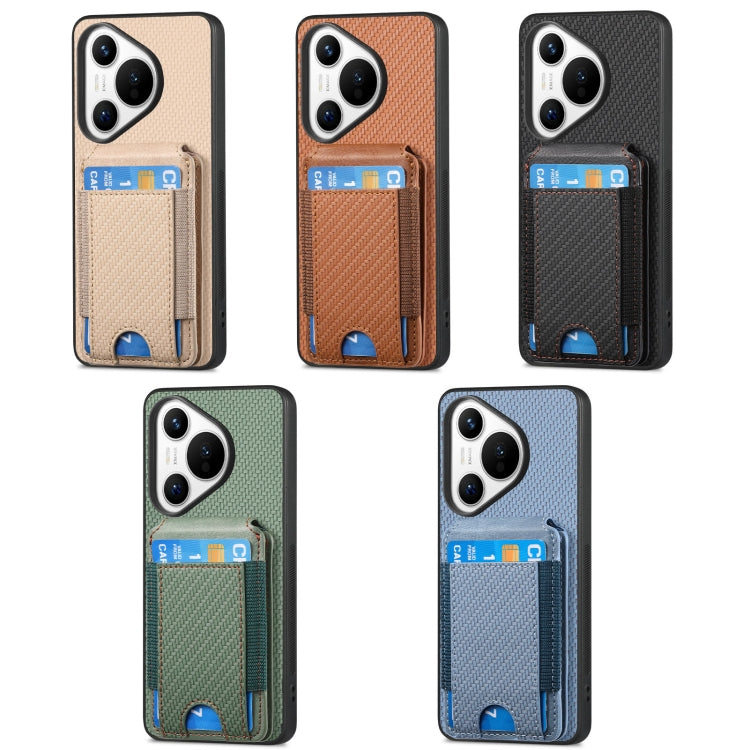 For Huawei Pura 70 Pro Carbon Fiber Vertical Flip Wallet Stand Phone Case(Khaki)